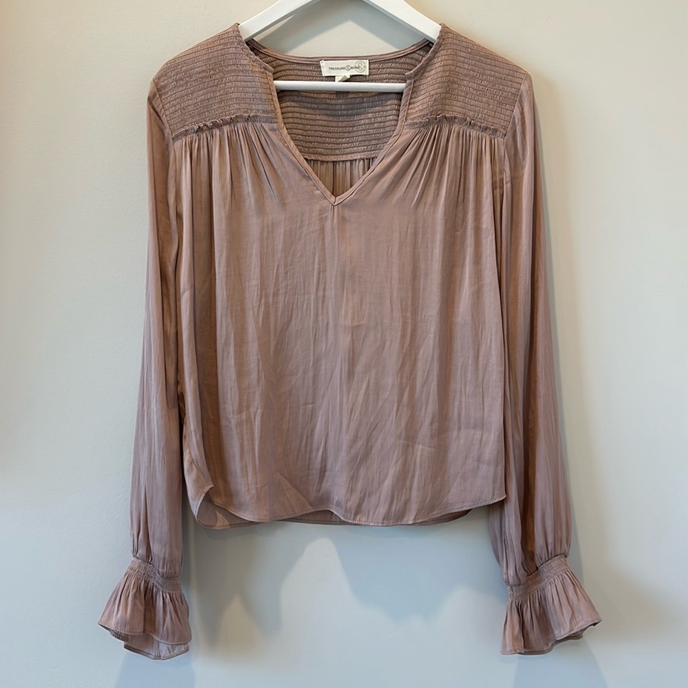 Women’s Smocked Long Sleeve Pink Blouse Ruffle Casual V Neck Date Career Office - Picture 2 of 8